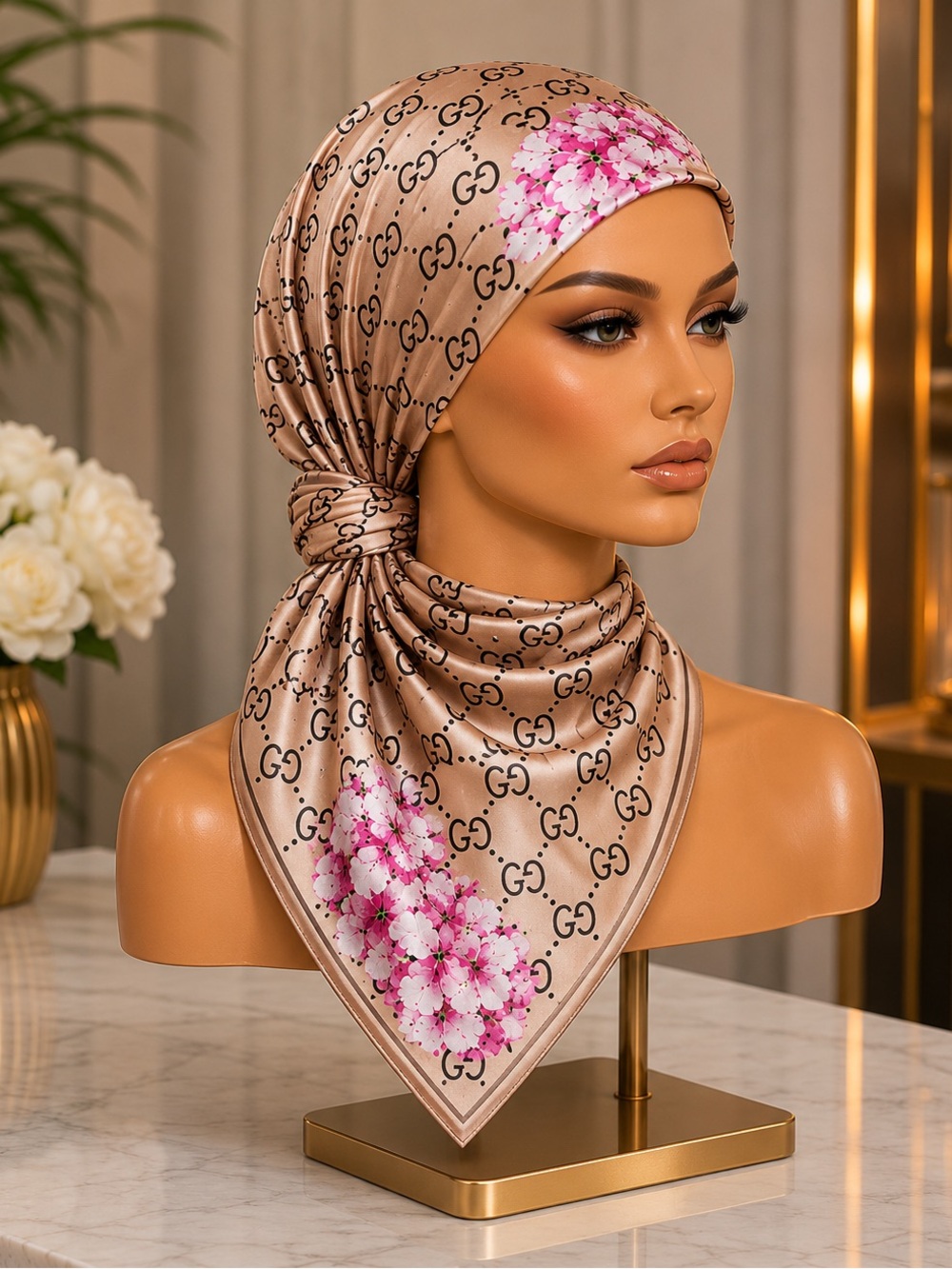 Silk-Look Beige Floral Pattern Headscarf
